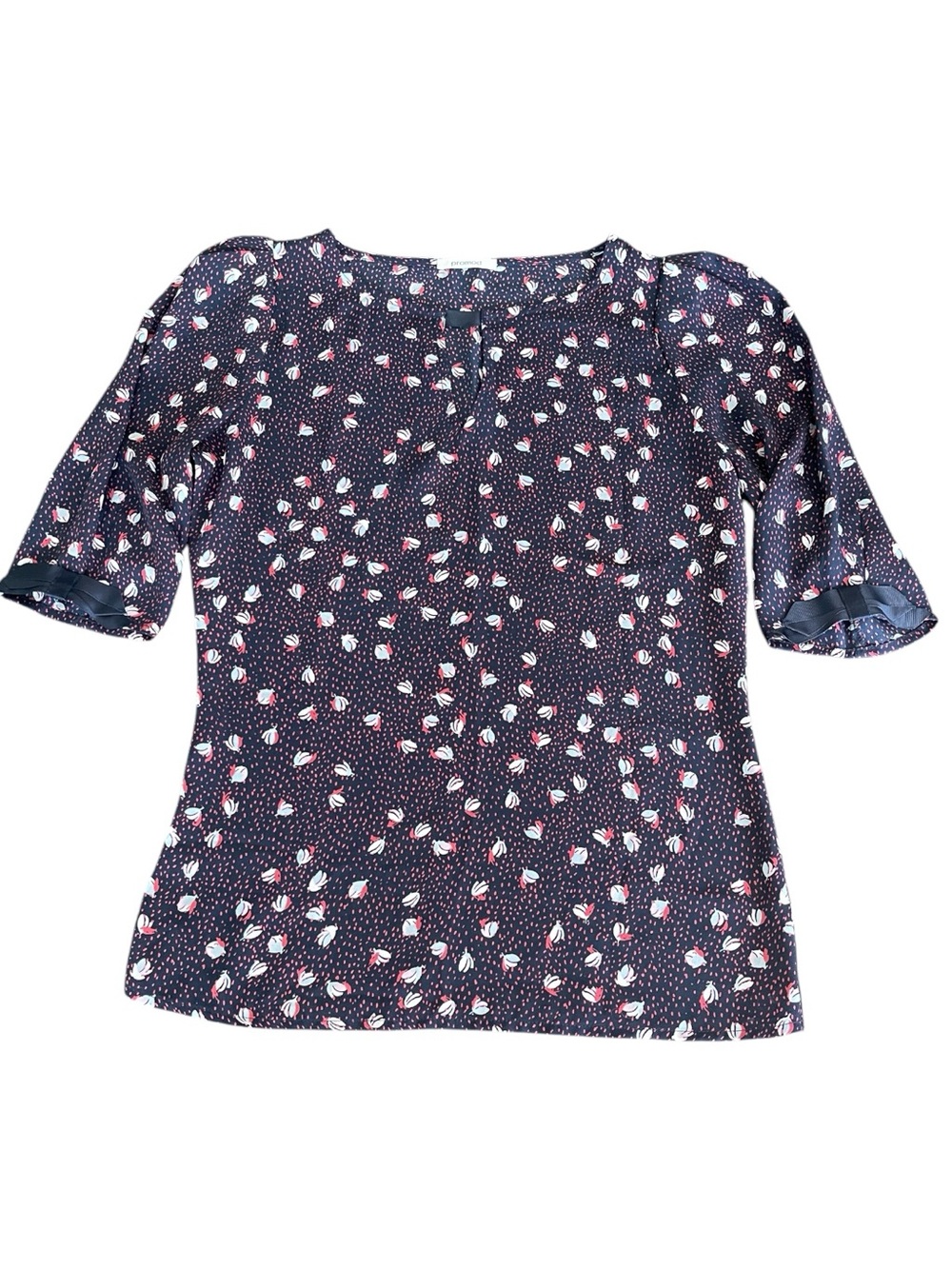 Promod Navy/Pink Fleck Mini Floral Scoop Neck Sleeve with Bow Blouse Top (XS)